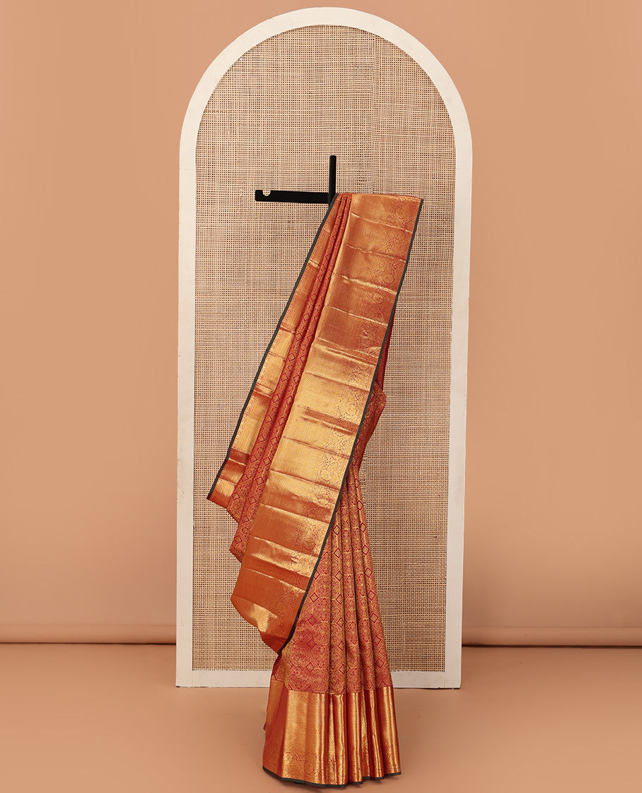 Red jacquard wedding silk saree, zari border of thilakam, cross rudraksham, muthu, vanki, and kodi visiry, and jaal pallu