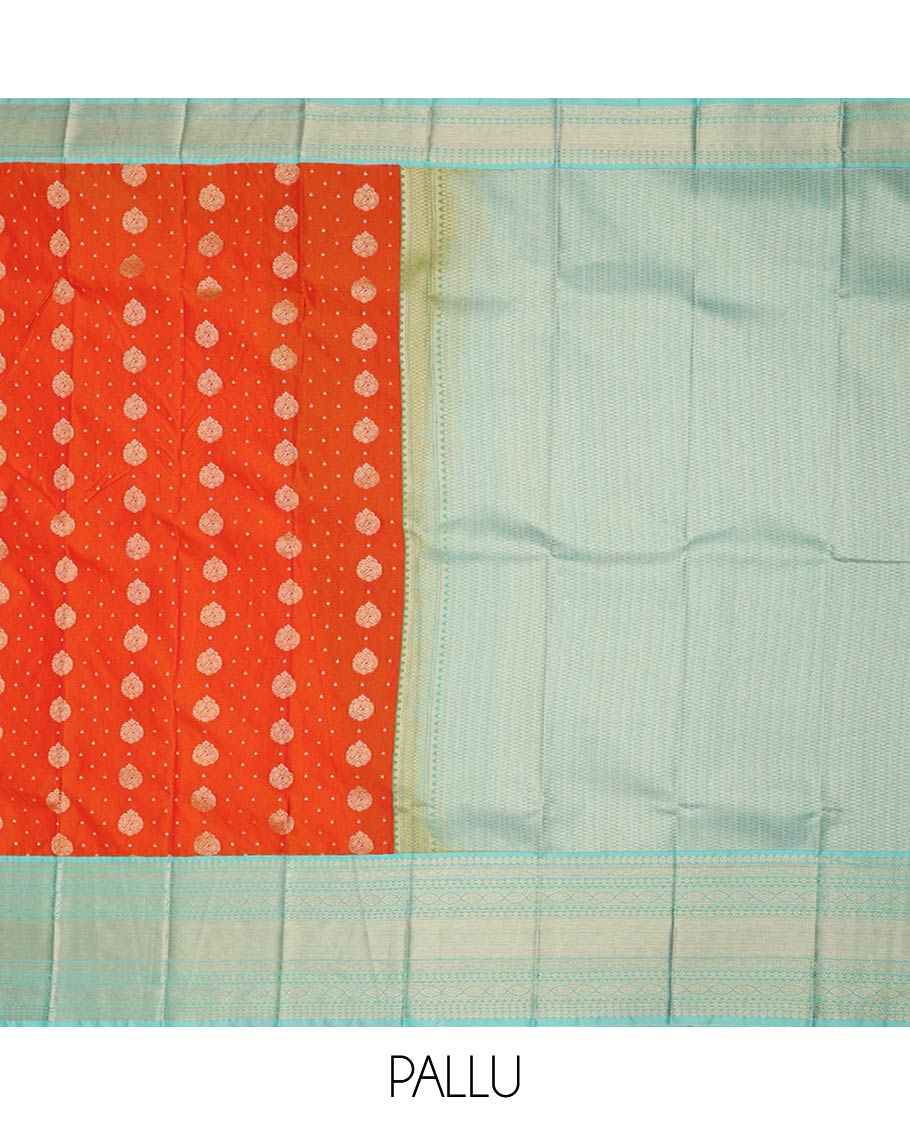 Orange zari buttas gift saree, contrast traditional zari design border, and pallu of jaal design