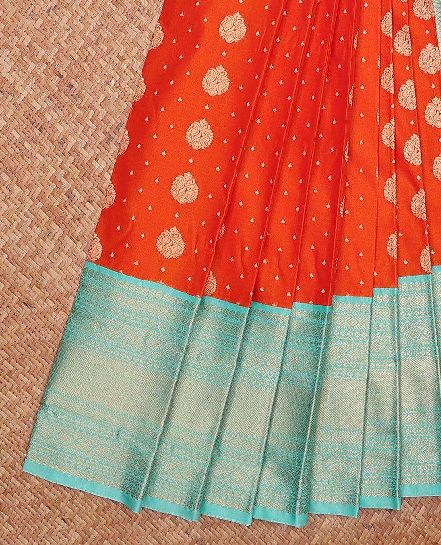 Orange zari buttas gift saree, contrast traditional zari design border, and pallu of jaal design