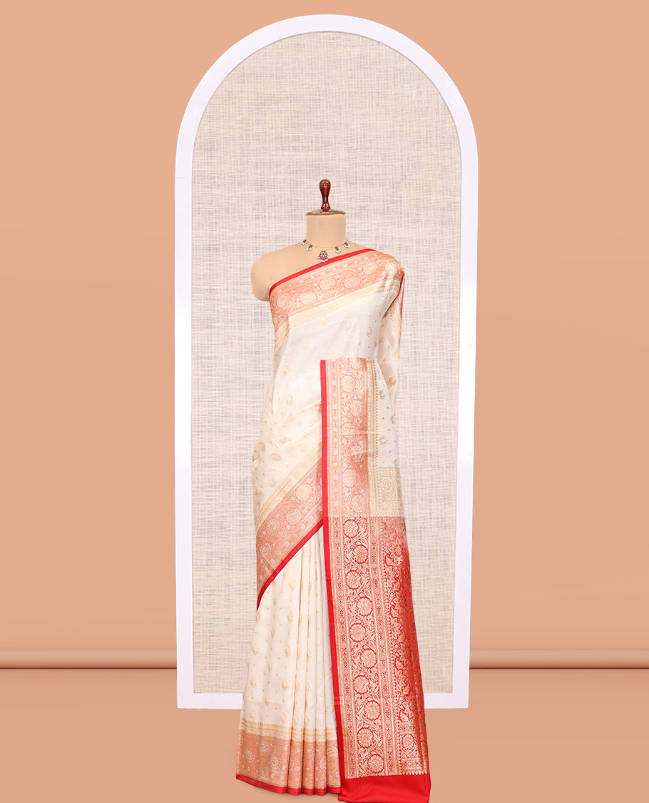 Cream Semi-Banaras Satin Silk Saree