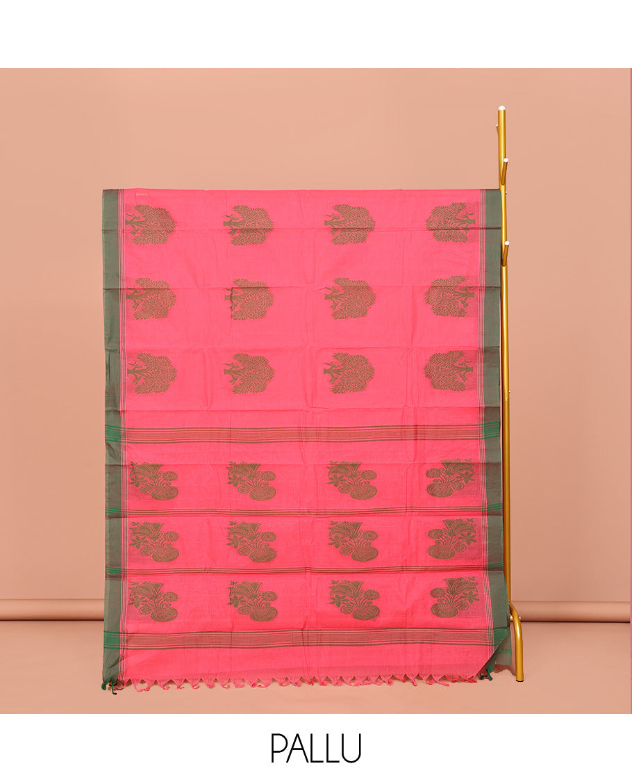 Red Kanchi Cotton Saree, Decked Up with Tree Motifs All Over Its Body, Complemented by Contrast Border, Pallu of Stripes and Flower-vase Motifs , and Paired with a Matching Blouse