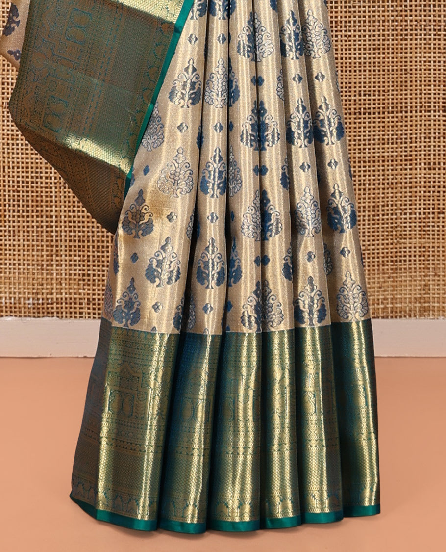 Gold Kanchipuram Tissue Silk Saree, Gracefully Embellished with Jacquard, Contrast Border of Thilakam Mokku, Muthu, Kodi Visiry, Manga, and Mayil Kann, Grand Pallu, and Matching Blouse