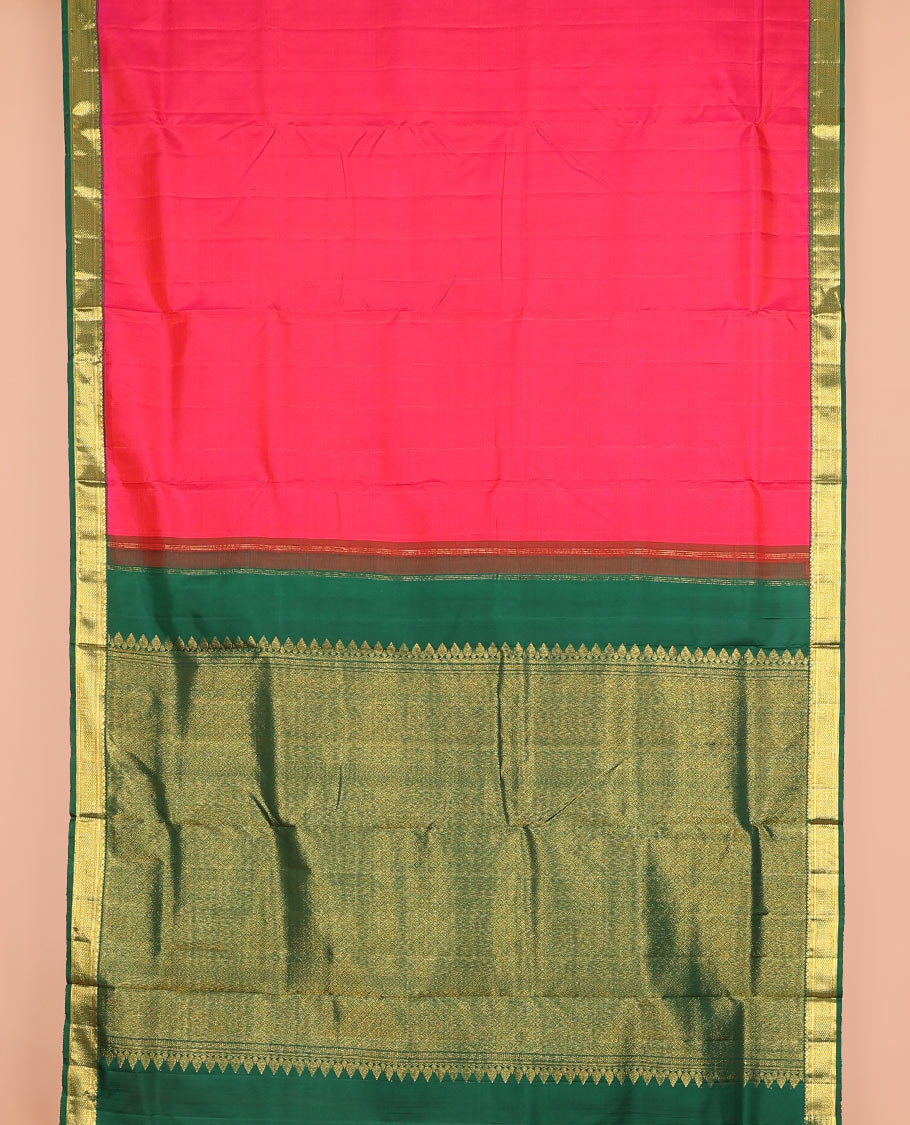 Red plain nine-yard silk saree, contrast korvai border of thilakam, banaras, kathir, and mayil kann designs, and jaal pallu