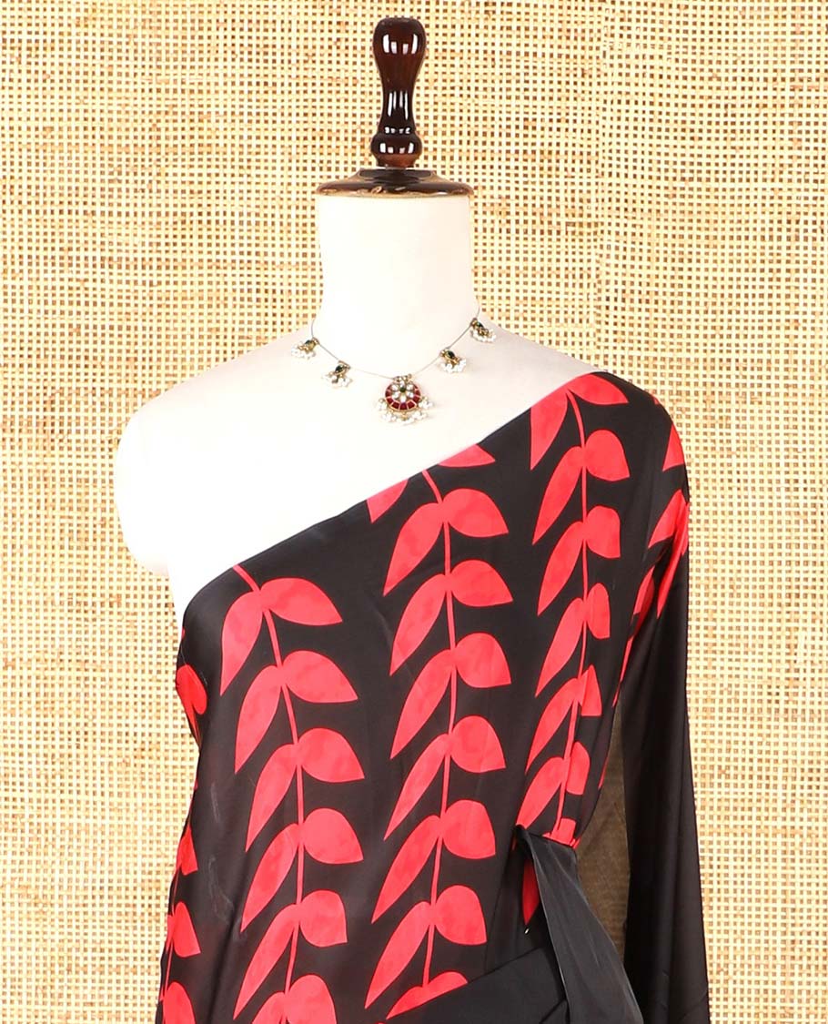 Borderless black half-half style crepe silk saree printed with red color leaf vine design, leaf motifs printed blouse