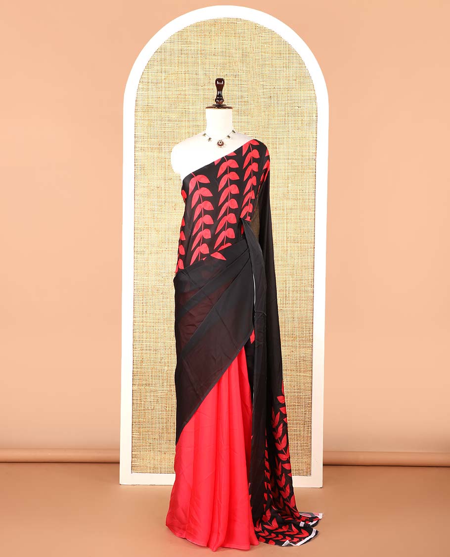 Borderless black half-half style crepe silk saree printed with red color leaf vine design, leaf motifs printed blouse