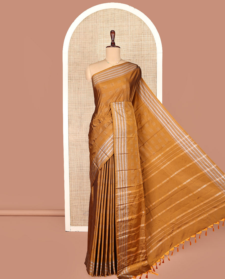 Mustard Aarani Gift Saree, Steeped with Buttas All Over Its Body, Subtly Striped Border, Pallu of Stripes, and Paired with a Matching Blouse