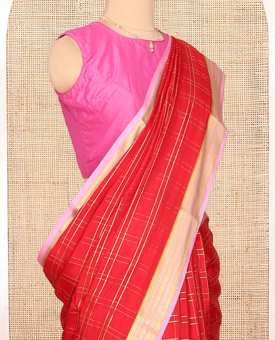 Red Mysore Silk Saree, Gleamed up with Zari Checked Design on its Body, Complemented by Captivating Contrast Border of Traditional Zari Designs, Pallu of Tropical Flora and Flamingo Bird Designs, and Paired with a Contrast Blouse
