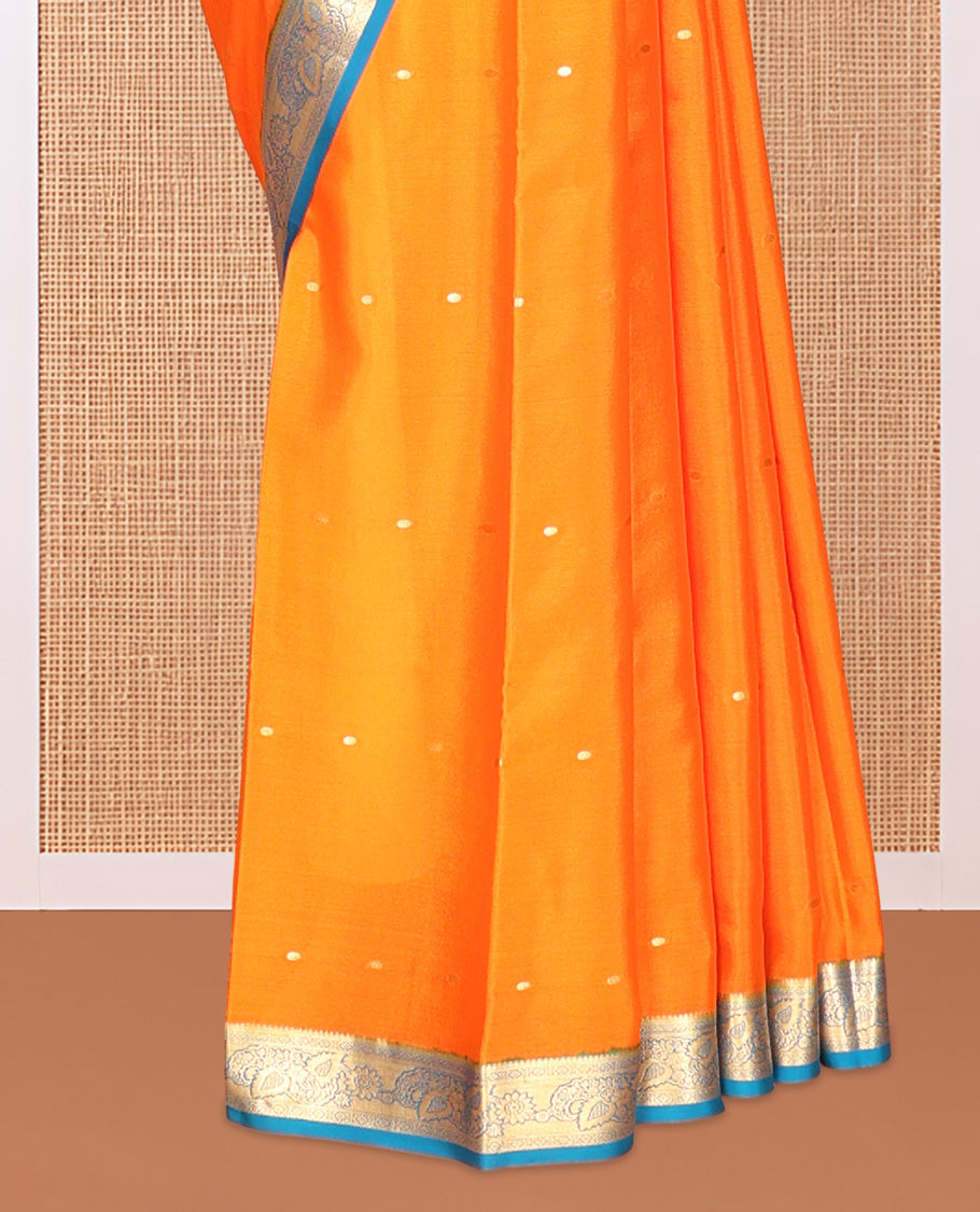 Orange Zari Buttas Mysore Silk Saree, Complemented by a Contrast Traditional Zari Border, Zari Design Pallu, and a Contrast Blouse