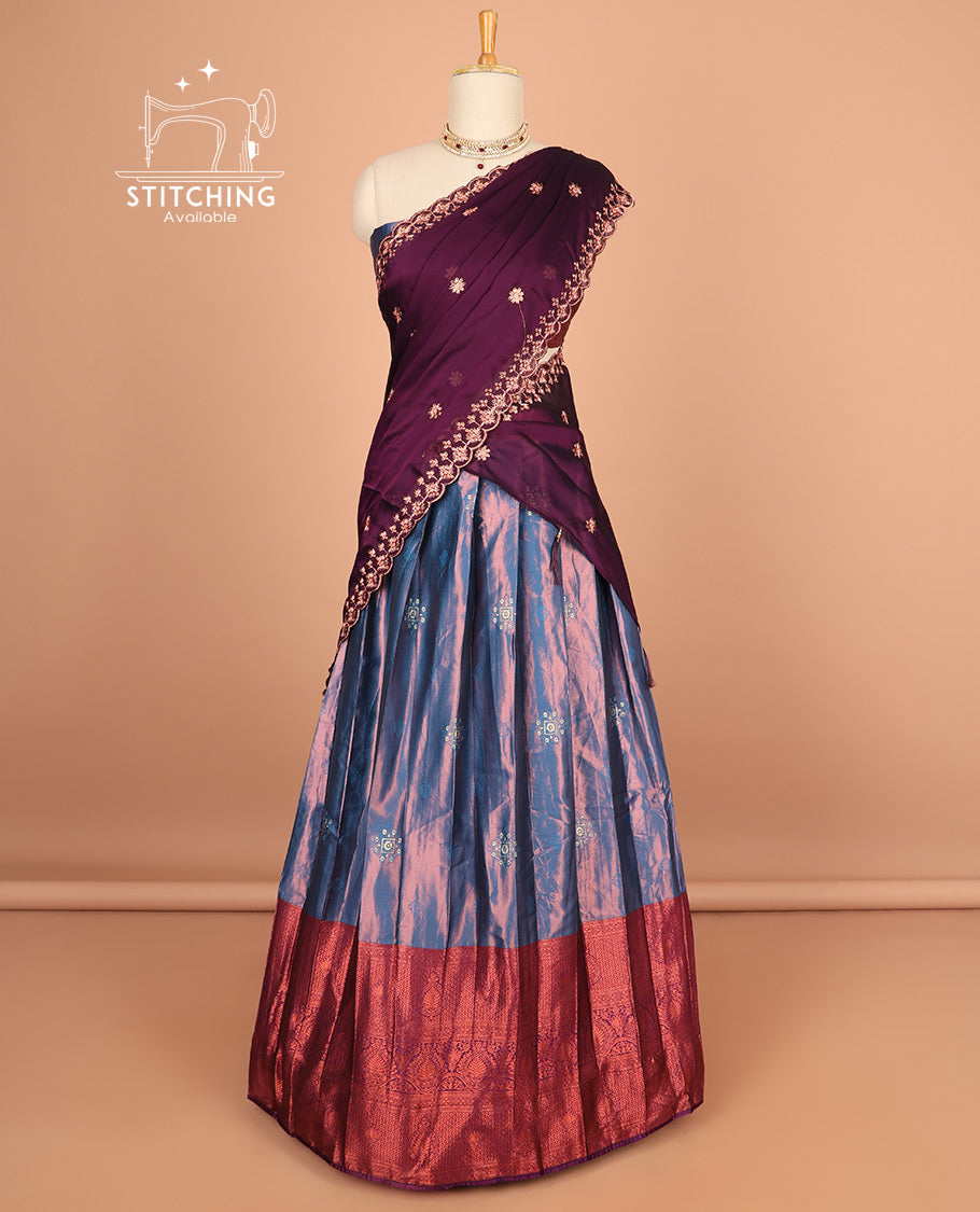 Bue buttas half saree with contrast zari design border, zari design blouse & floral motifs, scallop embroidery dhavani