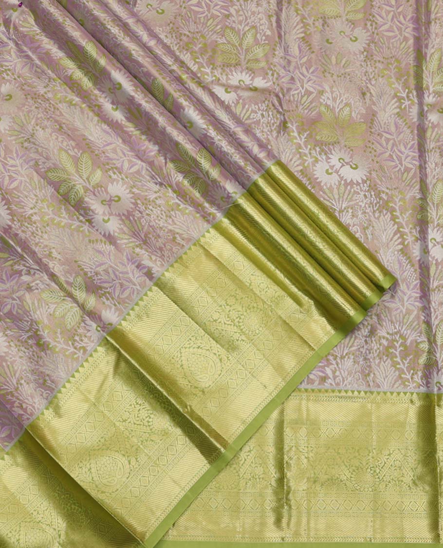 Grey and Green Art Silk Material Half-Saree Set, Woven with Jacquard Design Skirt, Complemented by Captivating Contrast Traditional Zari Designs Woven Border, Paired with a Contrast Blouse and Comes with a Paisley Designs Woven Dhavani