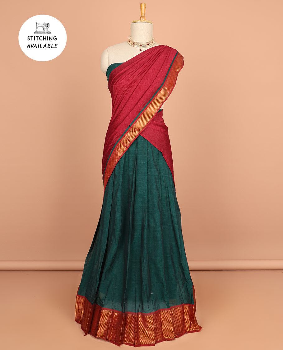 Pink cotton half saree with contrast traditional border , plain blouse & plain dhavani with zari design border