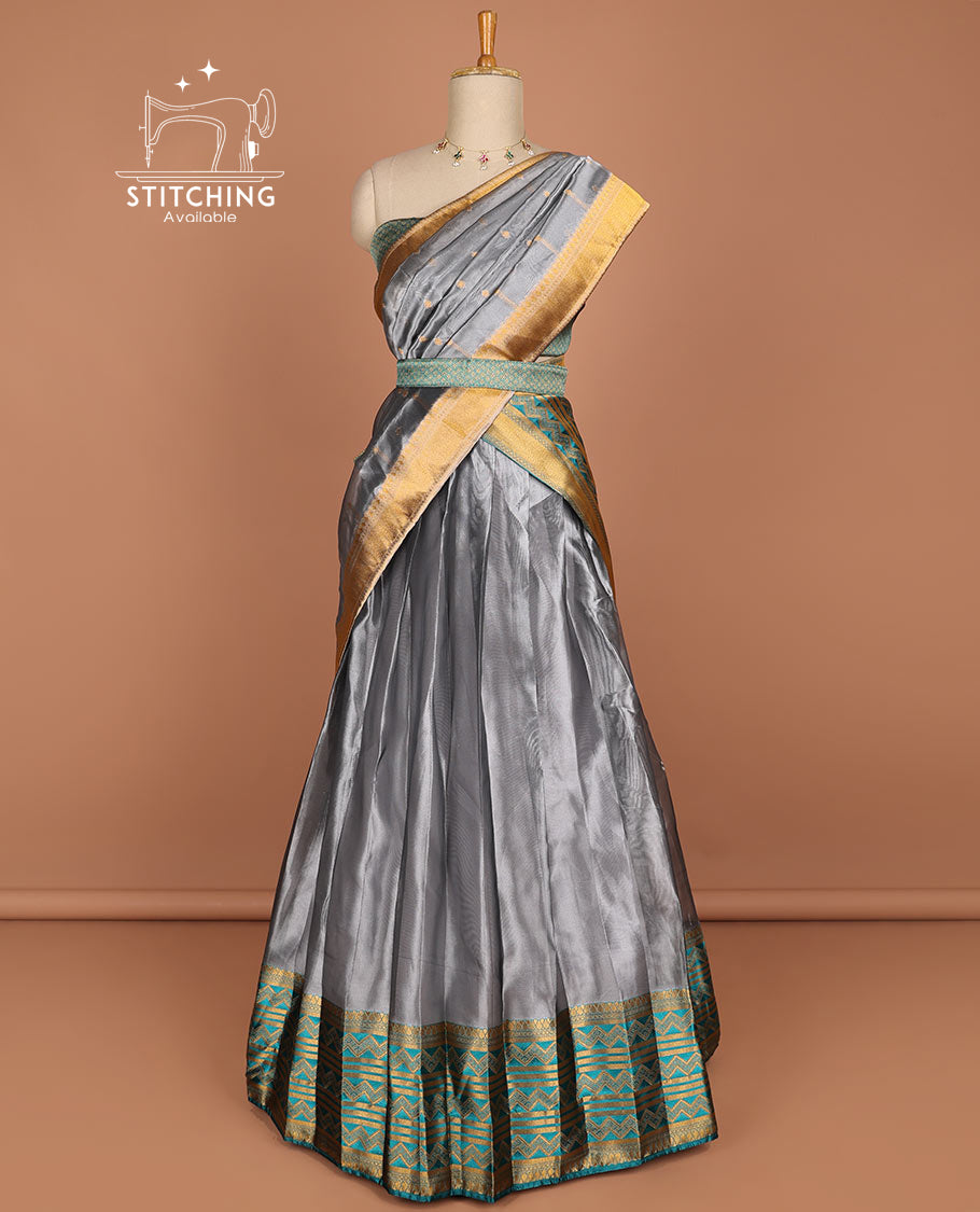 Grey half saree with self zig zag striped border, zari design blouse & floral zari design dhavani