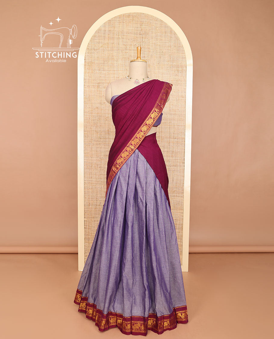 Lavender half saree with contrast elephant design borde, zari design blouse & plain, elephant design border dhavani
