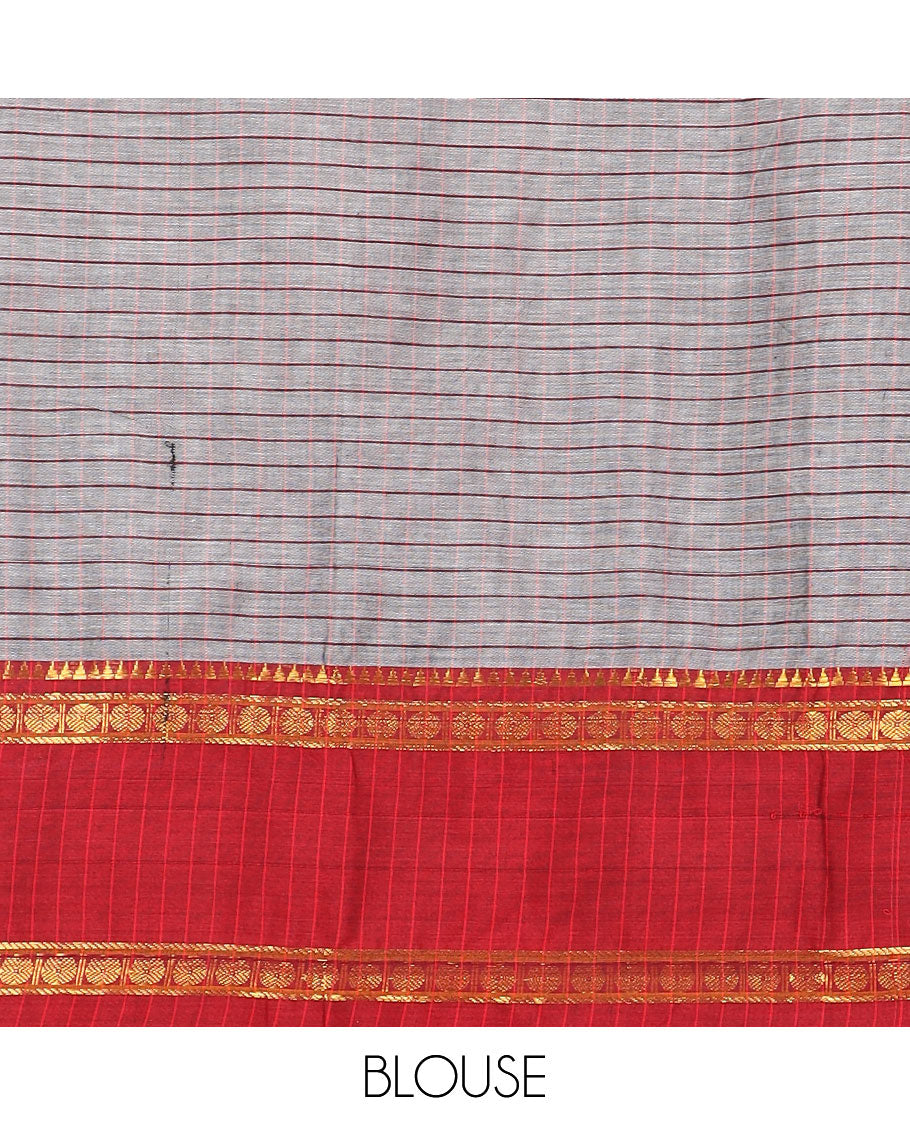 Grey cotton half-saree, checked with contrast traditional zari border skirt, matching blouse and a contrast zari piping bordered dhavani