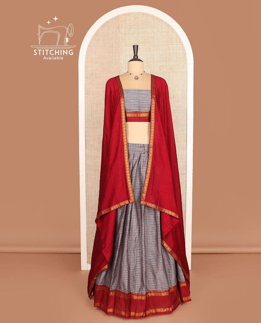 Grey cotton half-saree, checked with contrast traditional zari border skirt, matching blouse and a contrast zari piping bordered dhavani