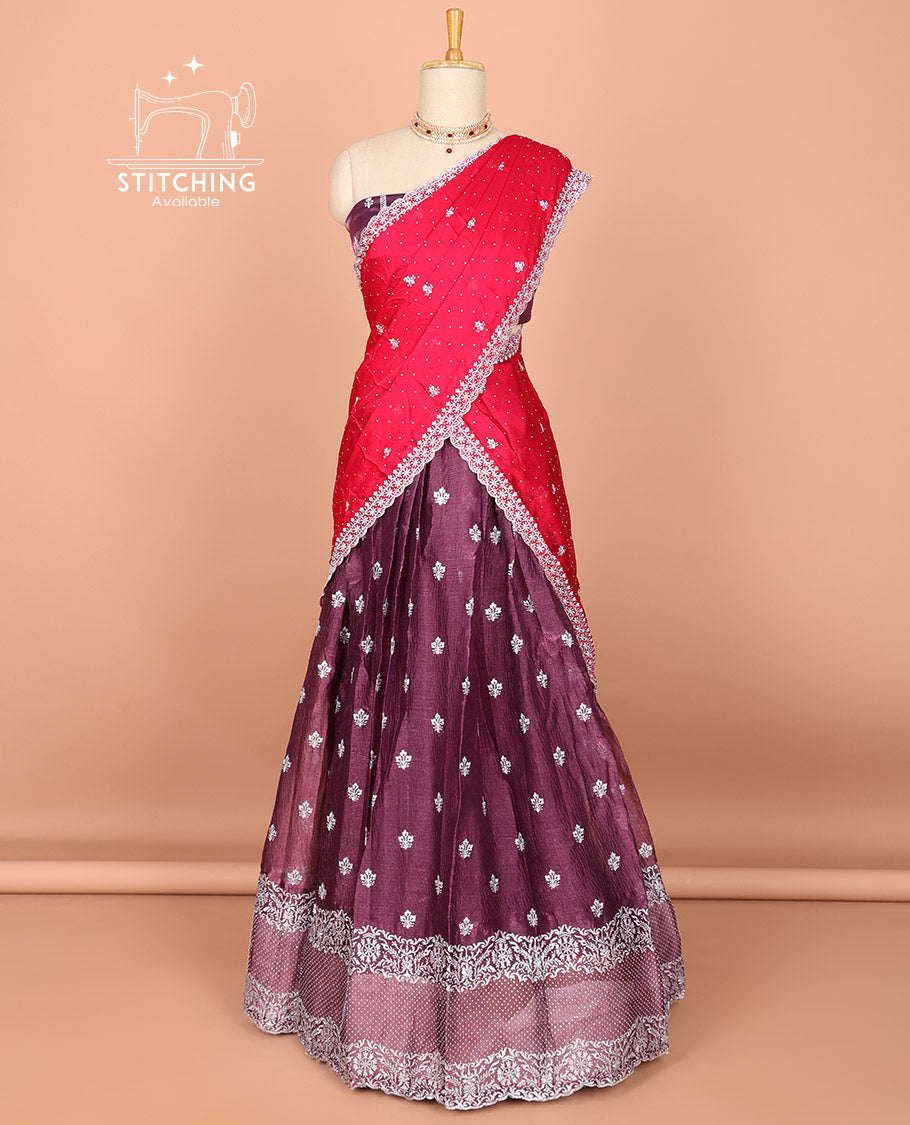 Violet floral buttas embroidered half saree with self embroidered border, floral design blouse & floral buttas , scallop border dhavani