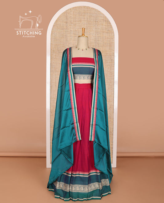 Red cotton half saree with contrast peacock design border, peacock design blouse & temple border dhavani