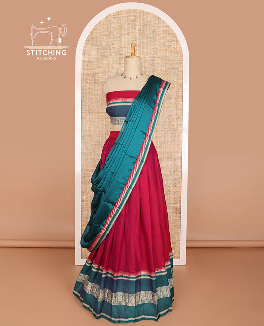 Red cotton half saree with contrast peacock design border, peacock design blouse & temple border dhavani