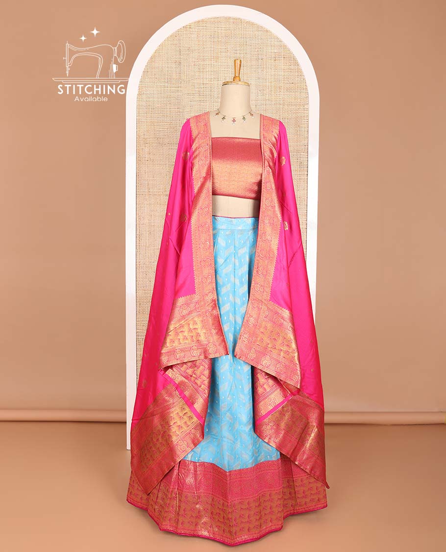 Light blue buttas half saree with contrast intricate zari design border, jaal design blouse & floral design dhavani