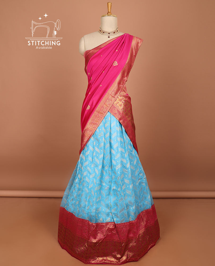 Blue geometric buttas half saree with contrast zari border, zari design blouse & floral zari design dhavani