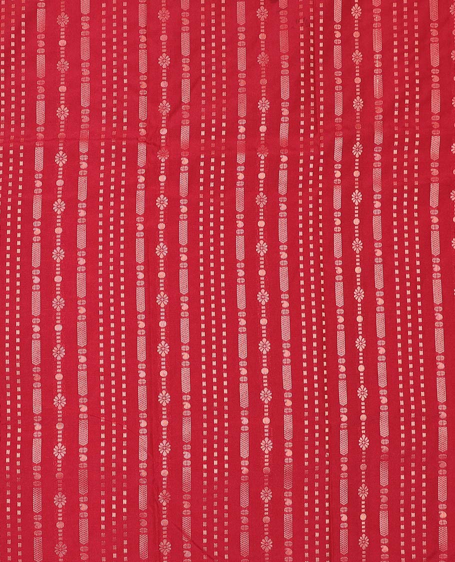 Red art silk pavadai material, zari design with contrast traditional zari border skirt, and contrast blouse