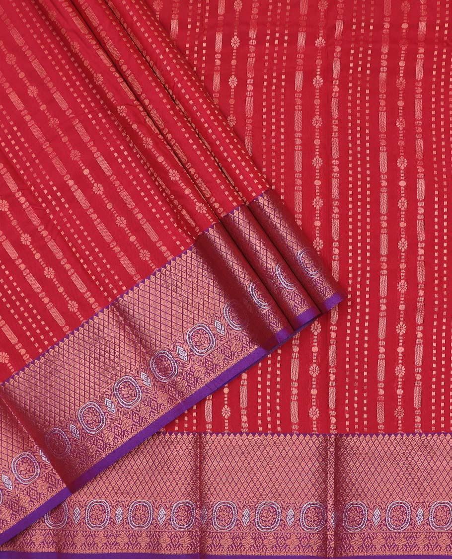Red art silk pavadai material, zari design with contrast traditional zari border skirt, and contrast blouse