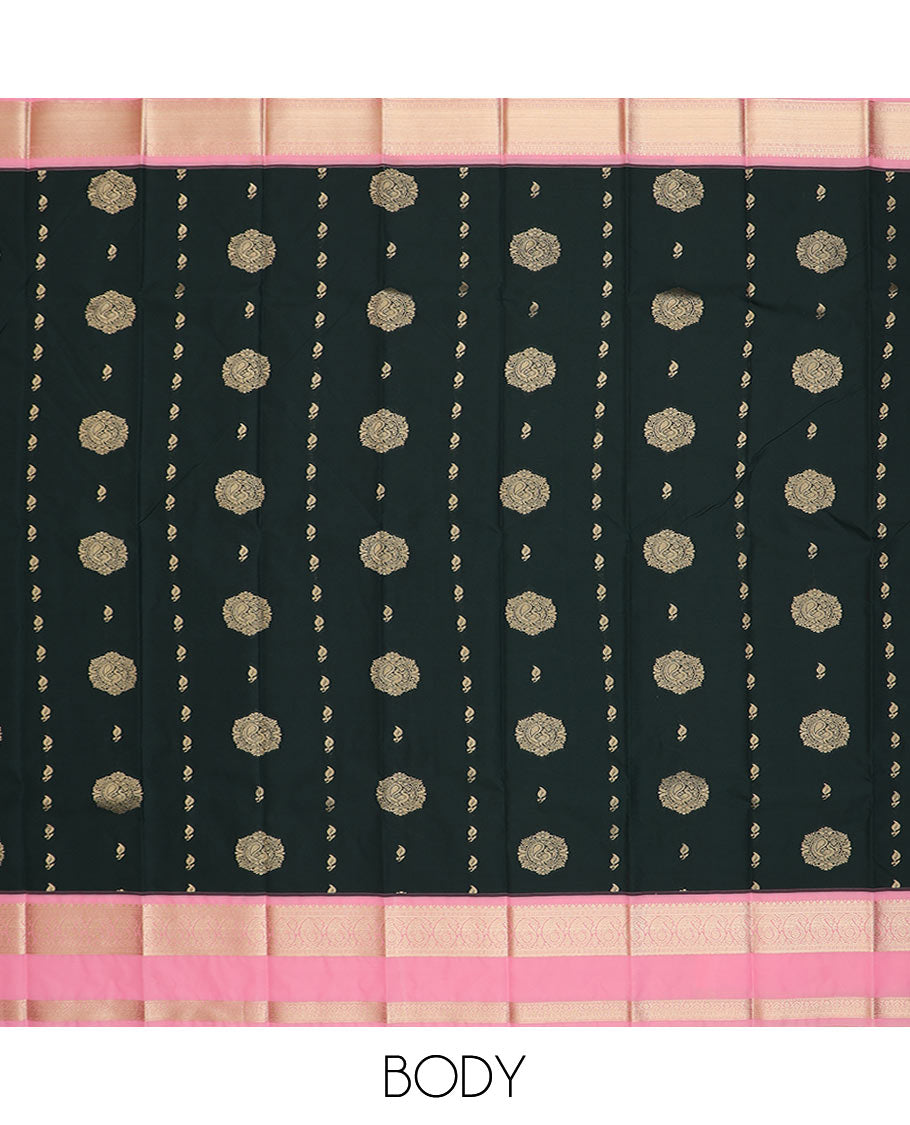 Black zari buttas budget silk saree, contrast traditional zari rettai pettu border, and jaal pallu