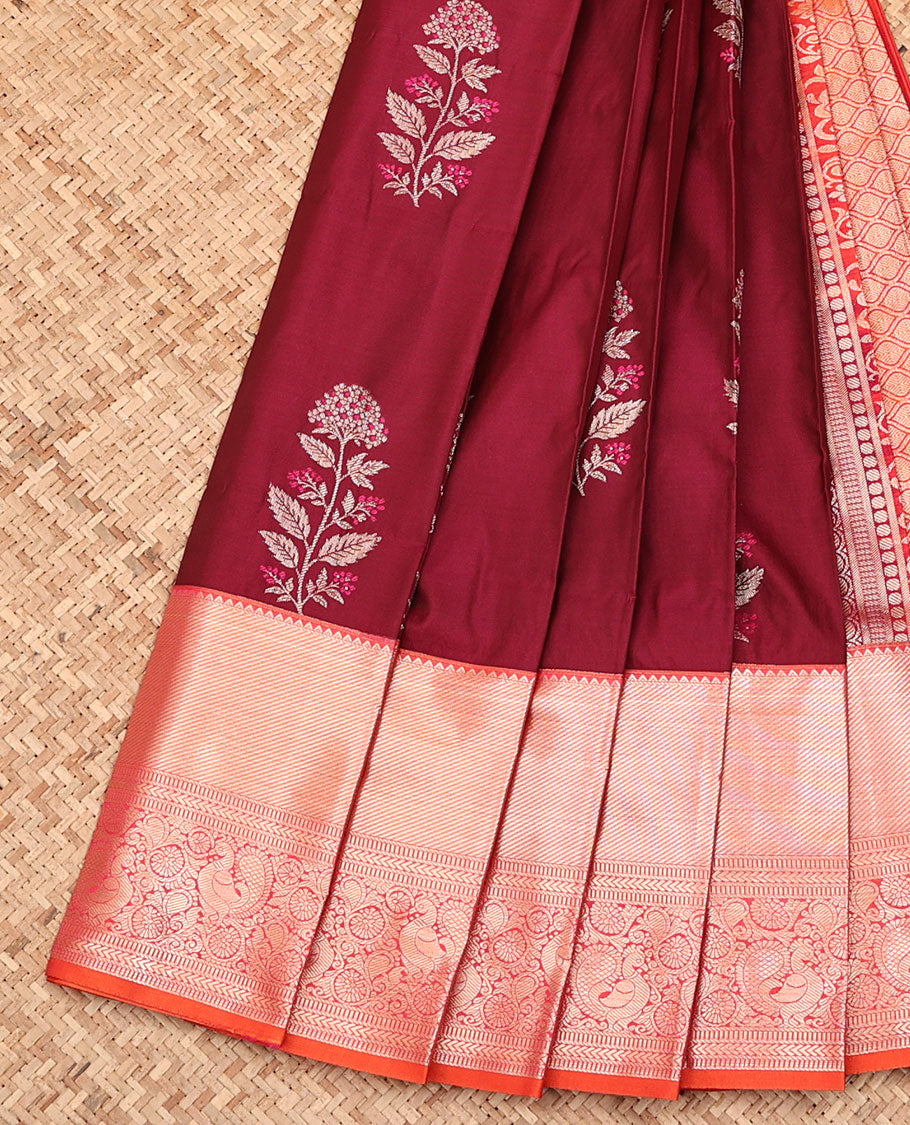 Wine Budget Silk Saree, Embellished with Floral Buttas All Over Its Body, Complemented by a Contrast Traditional Zari Border, Grand Jaal Pallu, and Paired with a Contrast Blouse