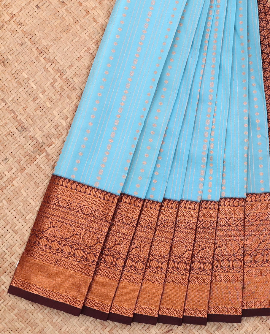 Blue Budget Silk Saree, Adorned with Buttas and Stripes All Over Its Body, Complemented by a Contrast Traditional Zari Design Border, Grand Pallu, and Paired with a Contrast Blouse