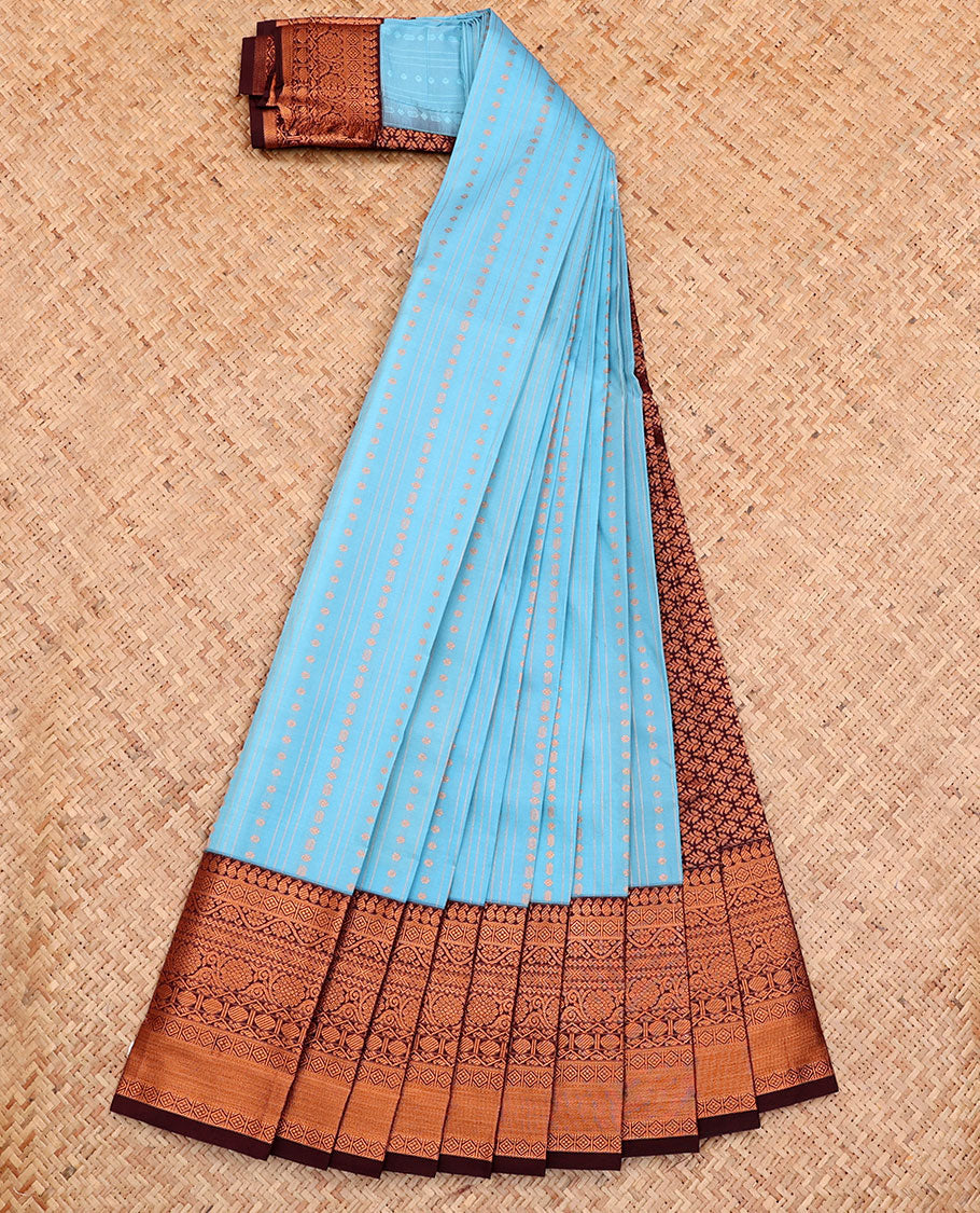 Blue Budget Silk Saree, Adorned with Buttas and Stripes All Over Its Body, Complemented by a Contrast Traditional Zari Design Border, Grand Pallu, and Paired with a Contrast Blouse