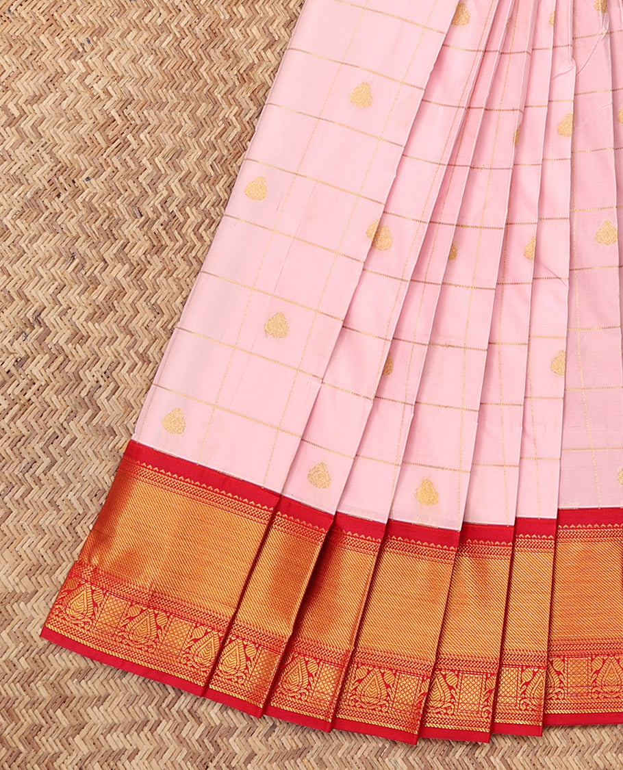 Baby Pink Budget Silk Saree, Enthralled with Zari Butta Enclosed Checks, Complemented by a Contrast Traditional Zari Border, Grand Pallu, and a Contrast Blouse