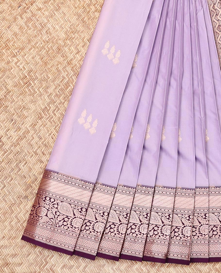 Lavender Budget Silk Saree, Embellished with Zari Buttas, Complemented by a Contrast Traditional Zari Border, Grand Pallu, and a Contrast Blouse