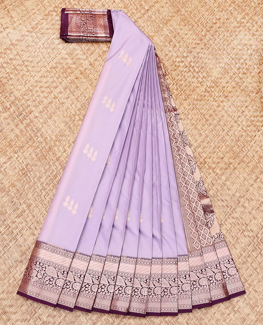 Lavender Budget Silk Saree, Embellished with Zari Buttas, Complemented by a Contrast Traditional Zari Border, Grand Pallu, and a Contrast Blouse