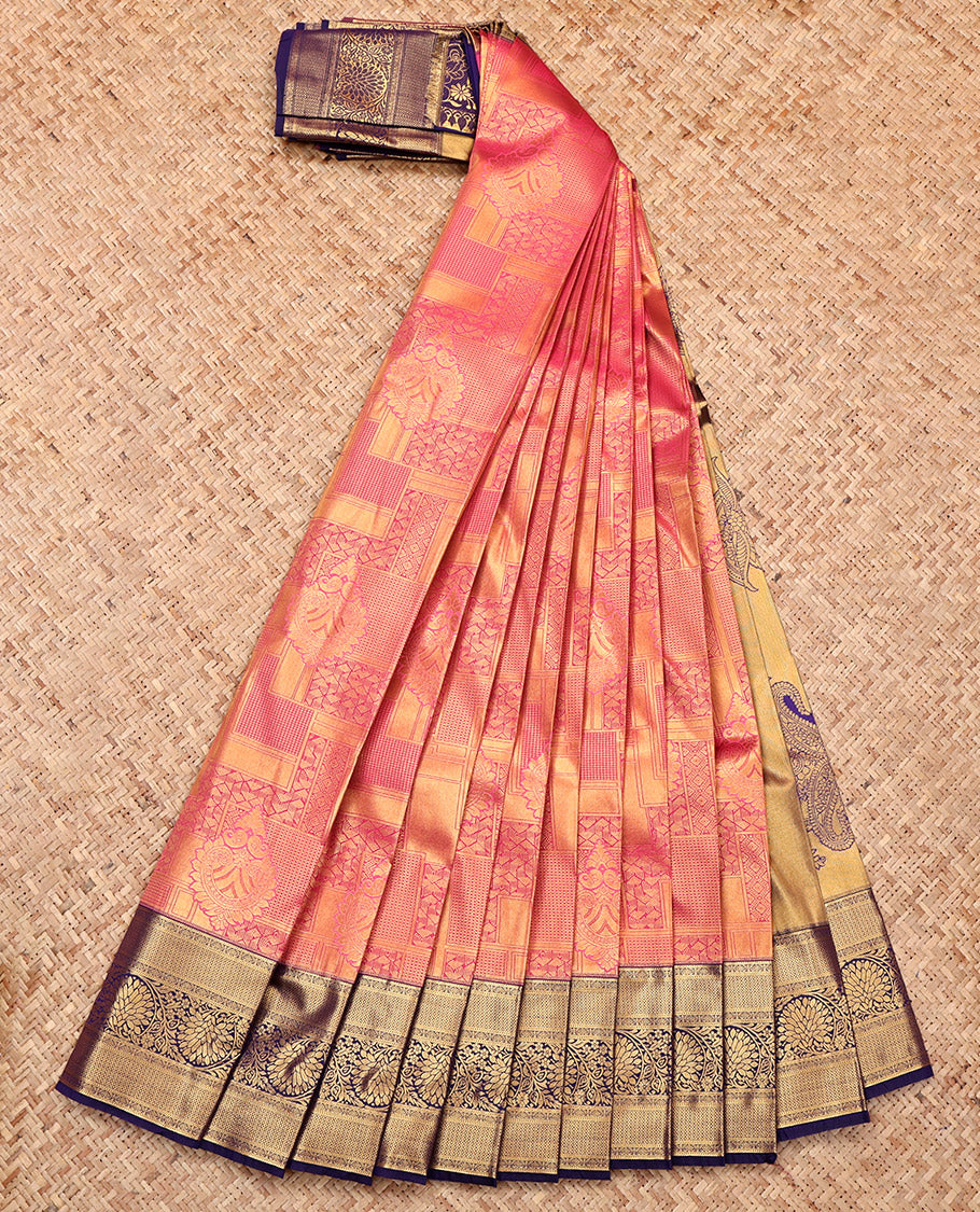 Pink Budget Silk Saree, Opulently Embellished with Jacquard Design, a Contrast Traditional Zari Border, Grand Pallu, and a Contrast Blouse