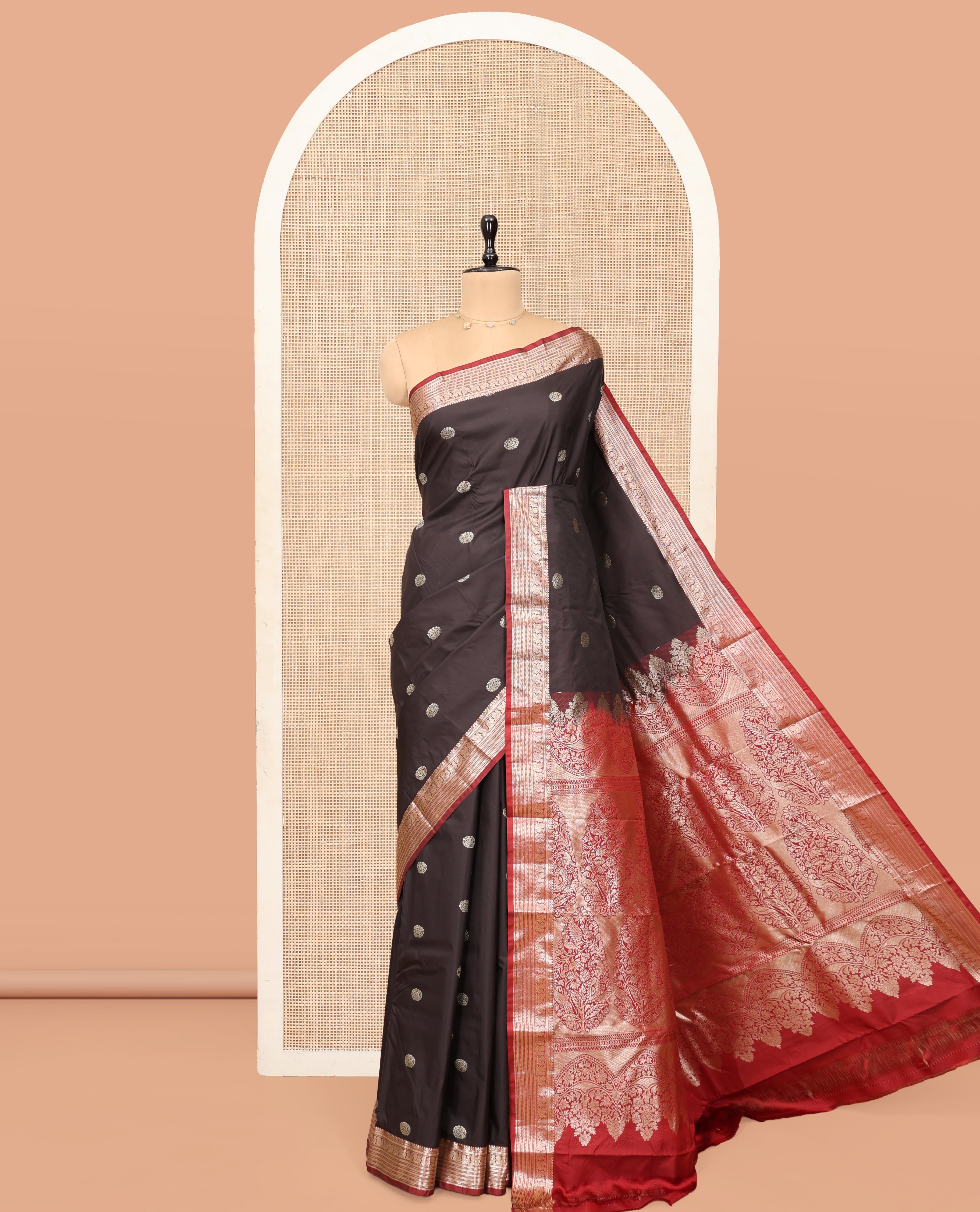 Brown Budget Silk Saree, Decorated with Zari Buttas, Complemented by a Contrast Traditional Zari Border, Pallu of Intricate Designs, and Contrast Blouse