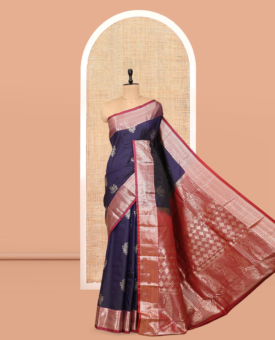 Blue Budget Silk Saree, Crafted with Zari Buttas, Complemented by a Contrast Traditional Zari Border, Pallu of Jaal and Paisleys, and Contrast Blouse