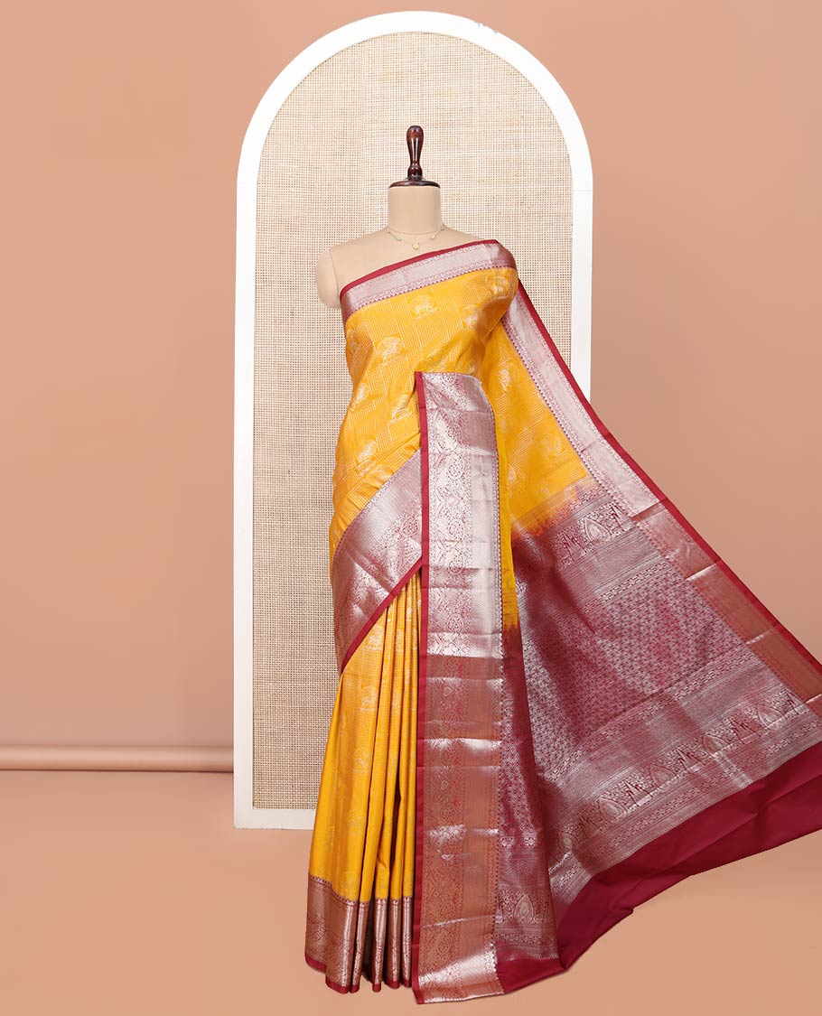 Yellow Budget Silk Saree, Richly Detailed with Jacquard Design All Over Its Body, Complemented by a Contrast Traditional Zari Design Border, Meticulously Crafted Pallu, and Paired with a Contrast Blouse