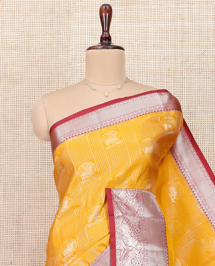 Yellow Budget Silk Saree, Richly Detailed with Jacquard Design All Over Its Body, Complemented by a Contrast Traditional Zari Design Border, Meticulously Crafted Pallu, and Paired with a Contrast Blouse
