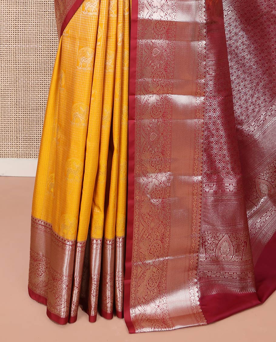 Yellow Budget Silk Saree, Richly Detailed with Jacquard Design All Over Its Body, Complemented by a Contrast Traditional Zari Design Border, Meticulously Crafted Pallu, and Paired with a Contrast Blouse