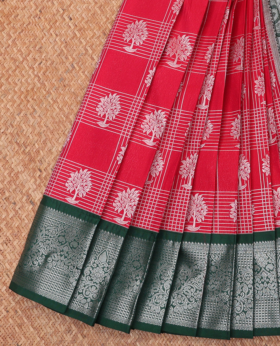Red Budget Silk Saree, Delicately Woven with Butta Enclosed Checks On Its Body, Complemented by Contrast Traditional Zari Designs Woven Border, Pallu of Paisleys, and Paired with a Contrast Blouse