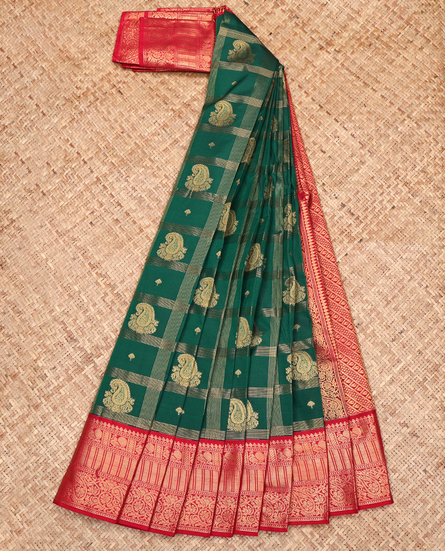 Green Budget Silk Saree, Highlighted with Paisley Butta Enclosed Checks All Over Its Body, Complemented by a Contrast Traditional Zari Design Border, Grand Pallu, and Paired with a Contrast Blouse