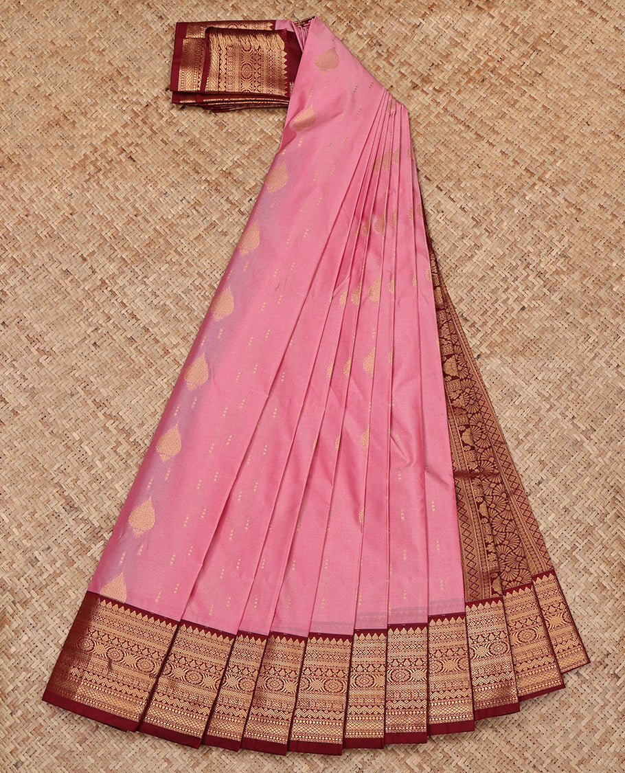 Pink Budget Silk Saree, Elevated with Zari Buttas All Over Its Body, Complemented by a Contrast Traditional Zari Border, Grand Pallu, and Paired with a Contrast Blouse