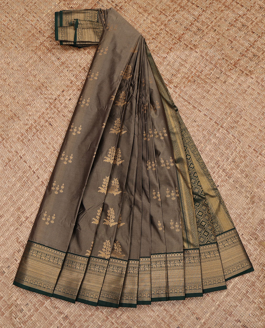 Brown Budget Silk Saree, Detailed with Floral Buttas All Over Its Body, Complemented by a Contrast Traditional Zari Design Border, Grand Jaal Pallu, and Paired with a Contrast Blouse