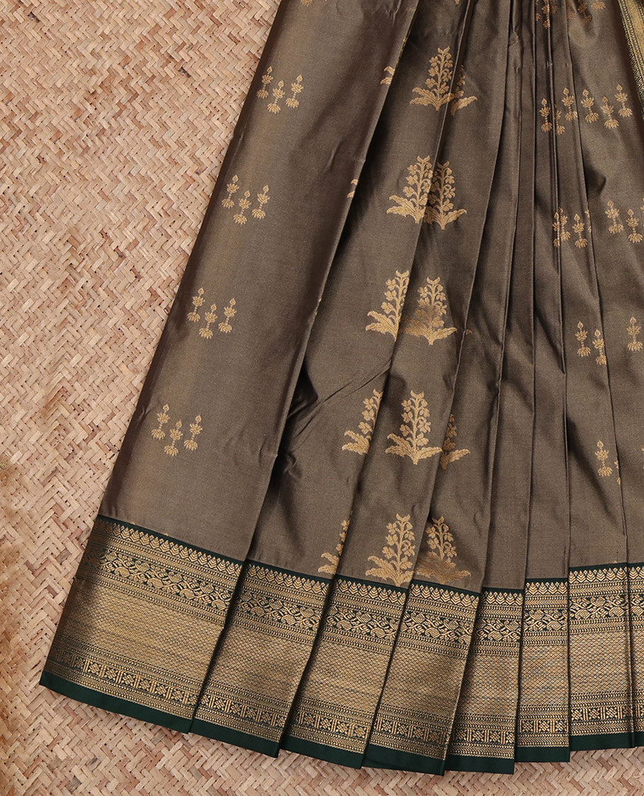 Brown Budget Silk Saree, Detailed with Floral Buttas All Over Its Body, Complemented by a Contrast Traditional Zari Design Border, Grand Jaal Pallu, and Paired with a Contrast Blouse