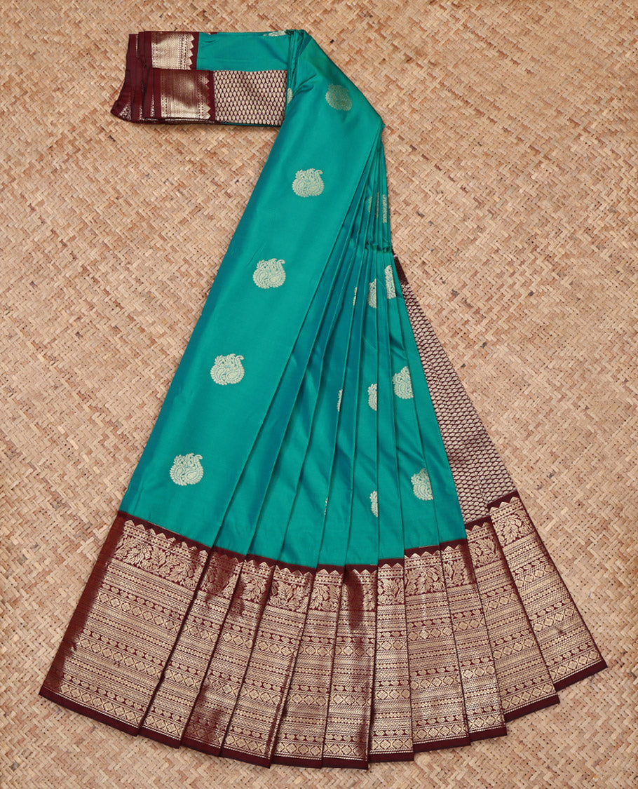 Green Budget Silk Saree, Embellished with Zari Buttas All Over Its Body, Complemented by a Contrast Traditional Zari Design Border, Pallu of Jaal Designs, and Paired with a Contrast Blouse