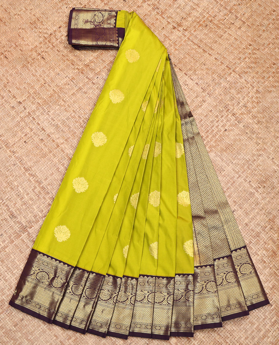 Parrot Green Budget Silk Saree, Woven with Zari Buttas on Its Body, Complemented by a Contrast Traditional Zari Design Border, Pallu of Jaal Design, and Paired with a Contrast Blouse