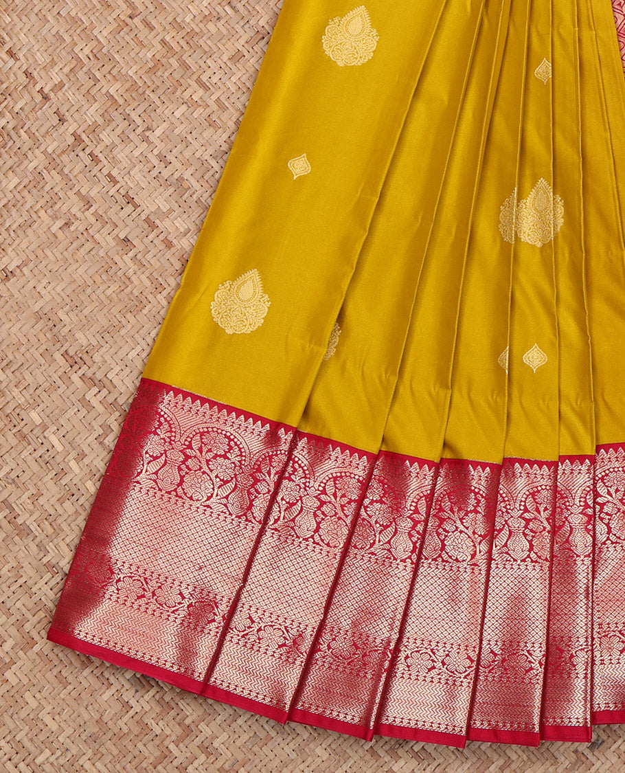 Mustard Budget Silk Saree, Sparsely Sparkled with Zari Buttas, Complemented by Contrast Traditional Zari Border, Grand Pallu and a Contrast Blouse