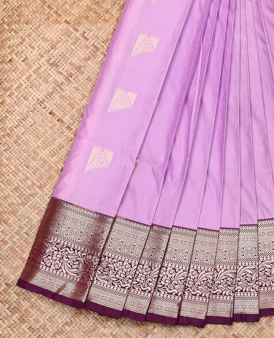 Lavender Budget Silk Saree, Enriched with Zari Buttas, Complemented by a Contrast Traditional Zari Border, Pallu of Paisleys, and a Contrast Blouse