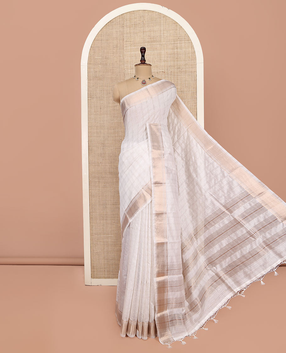White Assam Silk Saree, Enthralled with Checks, Highlighted by a Traditional Zari Border, Zari-Striped Pallu, and a Contrast Blouse