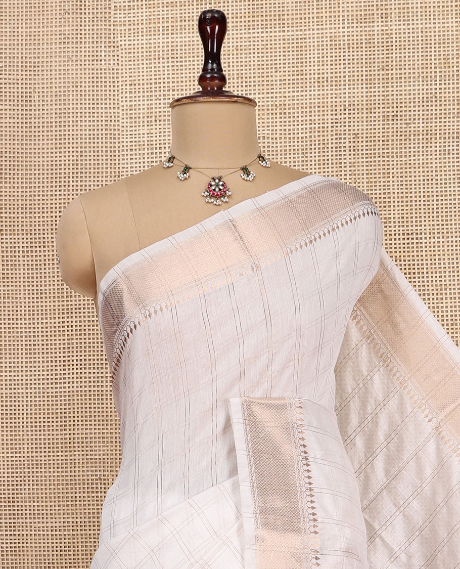White Assam Silk Saree, Enthralled with Checks, Highlighted by a Traditional Zari Border, Zari-Striped Pallu, and a Contrast Blouse